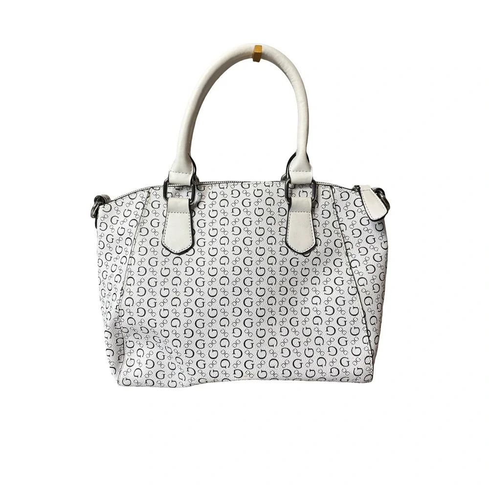 Guess Signature G Logo Satchel Handbag White Black Faux Leather Medium Purse